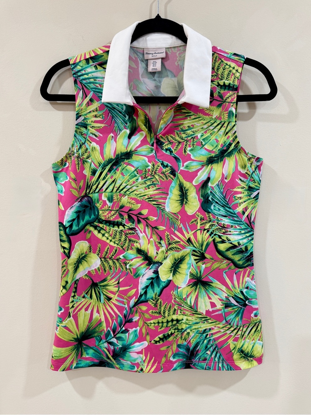 Tommy Bahama Golf Polo Top Sleeveless 1/4 Zip Tropical Palm Size S Pink Green